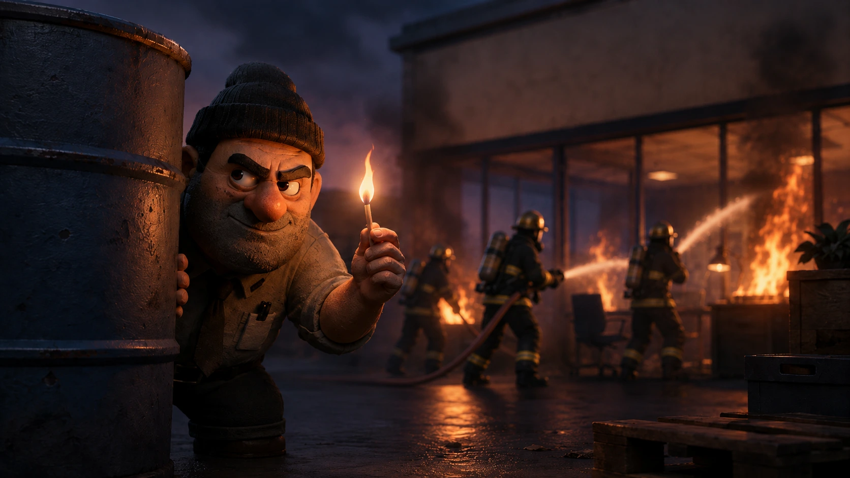 Pessoa com um fósforo diante de um incêndio